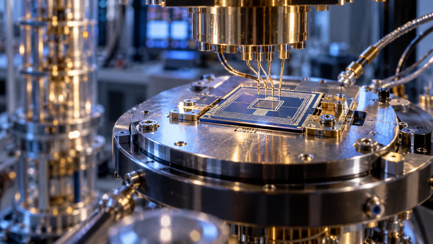 A gold-patterned chip on a metal stage, with fine probes touching it in a laboratory.